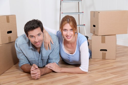 Office relocation materials and furniture prepared for transport