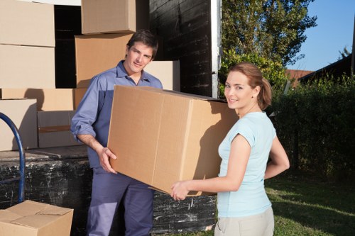 Moving van and packed boxes ready for a house move near Elephant and Castle